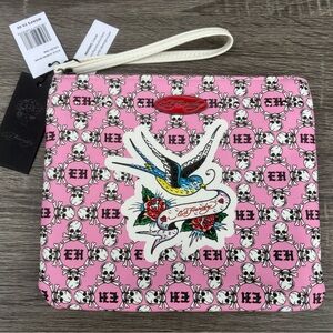 Ed Hardy Pink Swallow & Skull Wristlet with White Strap